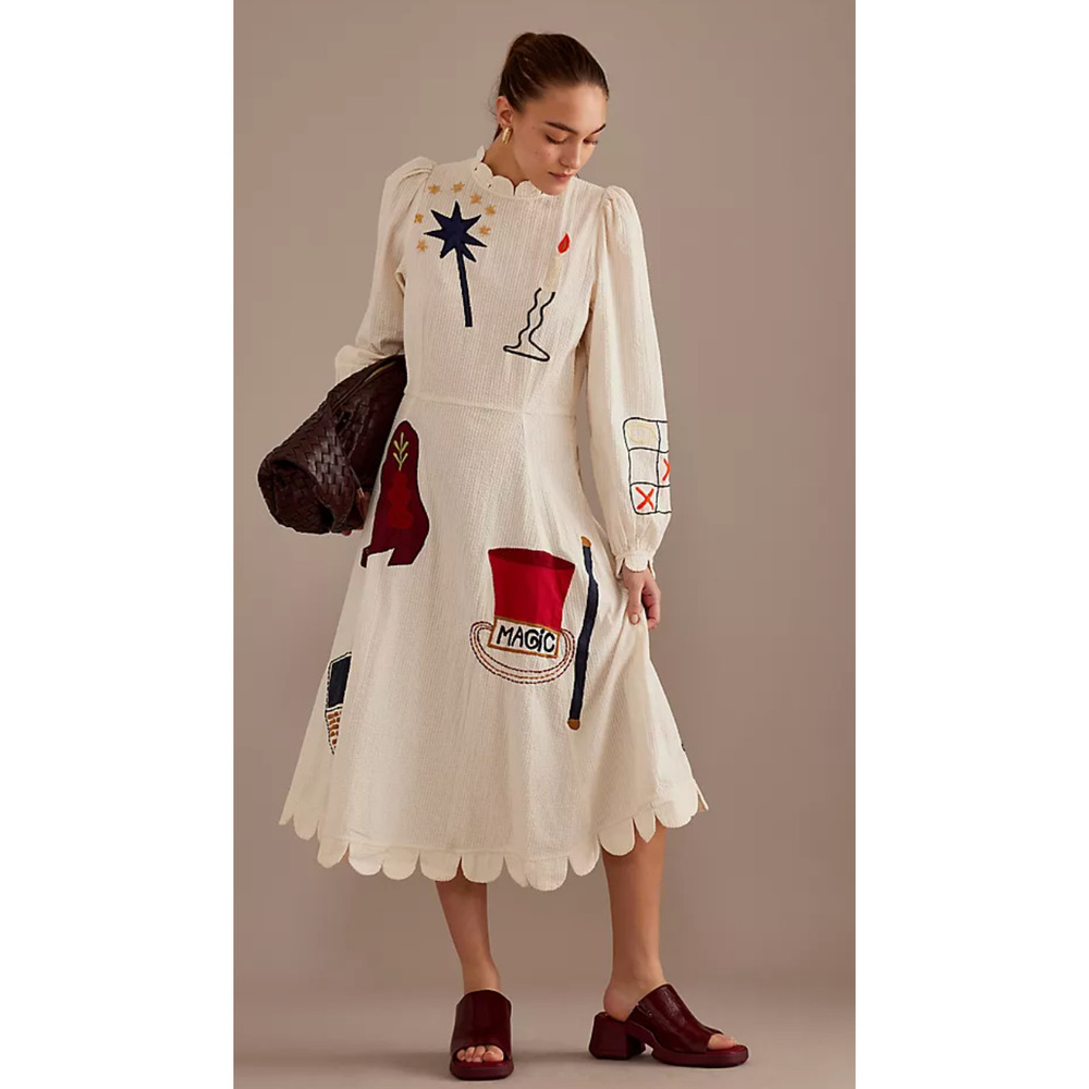 STELLA NOVA IVORY CIRCUS PRINTED APPLIQUE COTTON-SEERSUCKER MIDI DRESS SZ M US 8 - Picture 12 of 16